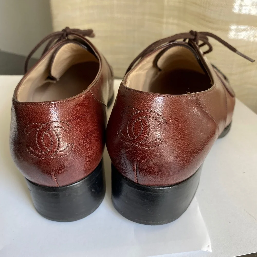 Chanel brown loafers laced black leather dress shoes moccasins 35 France oxfords - Picture 2 of 12